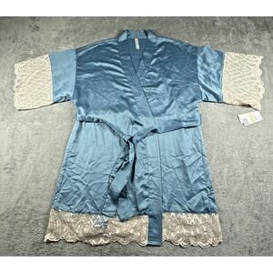 Flora By Flora Nikrooz Lace Trim Satin Wrap Robe Teal Blue Size M NWT